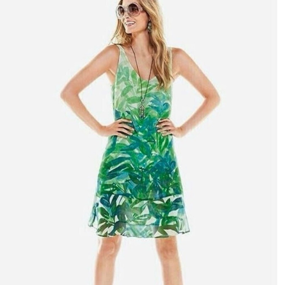 CAbi Castaway Green Palm Print Flounce Hem Mini Dress XS Tropical Garden